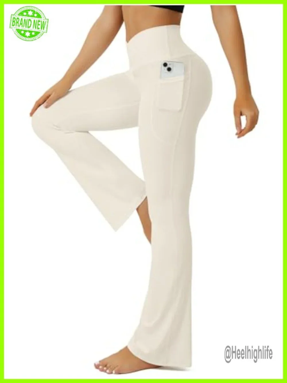 High Waisted Crossover Flare Leggings with Pockets No Front Seam